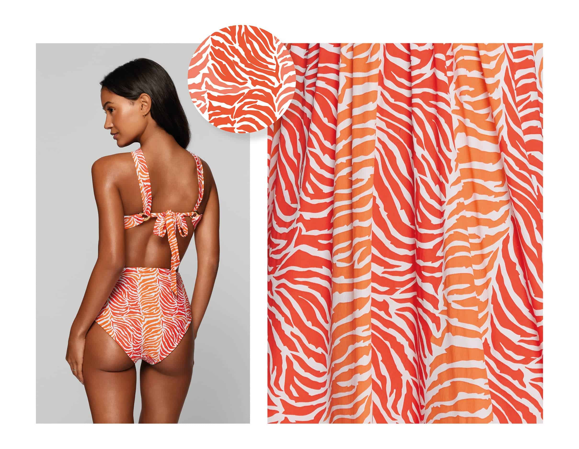 sustainable swimwear fabric sourcing - orange tiger print